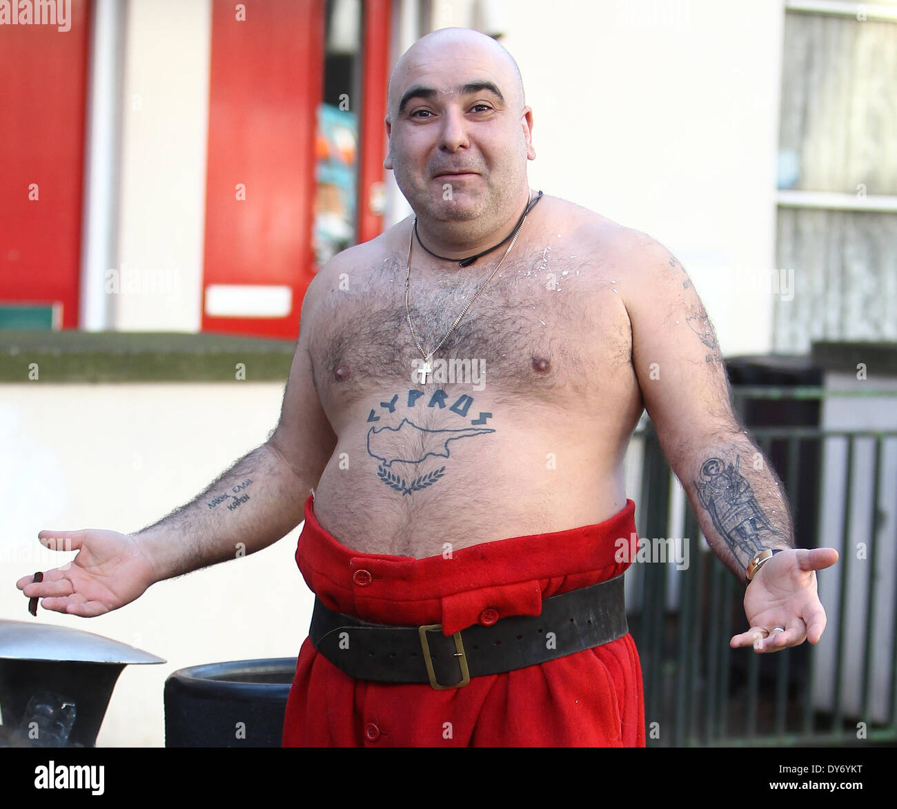 Stavros Flatley outside the ITV studios wearing a pair of Santa trousers  and smoking a cigarFeaturing: Stavros Flatley Where: London United  KingdomWhen: 17 Dec 2012 Stock Photo - Alamy