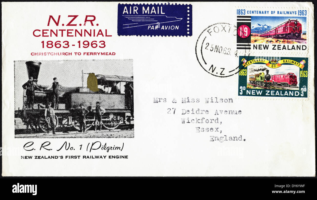 Commemorative first day cover New Zealand postage stamps Centenary of New Zealand Railway 1863 - 1963 postmarked Foxton 25th November 1963 Stock Photo