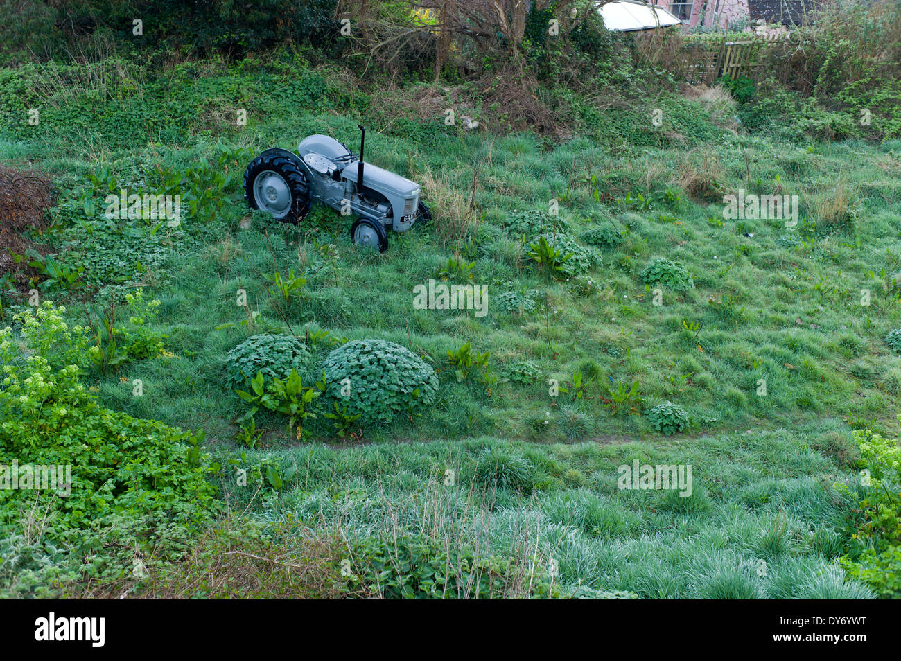 Old tractor in rough field, Hastings, UK Stock Photo