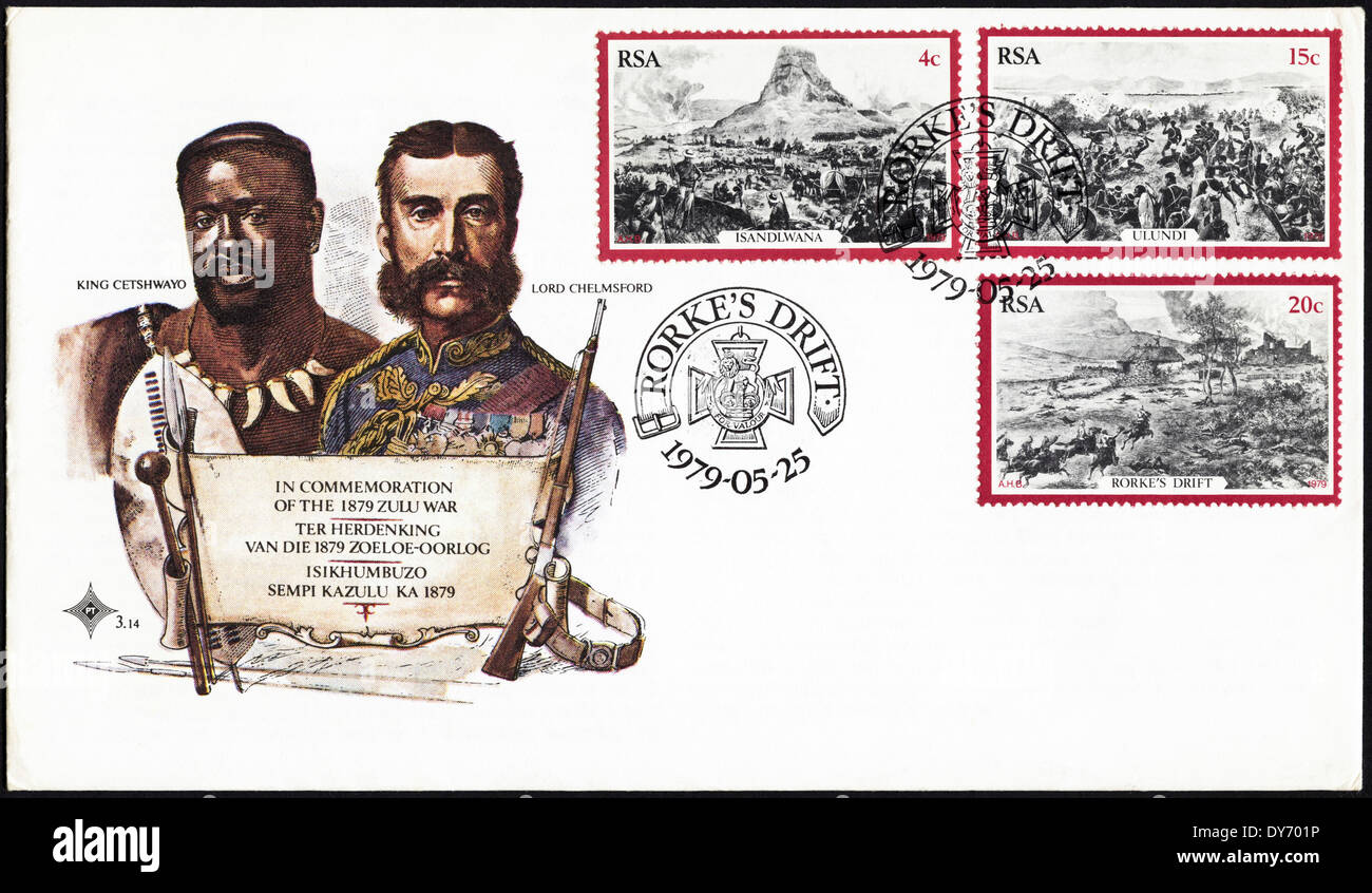 Commemorative first day cover South Africa RSA postage stamps Centenary of Zulu War 1879 - 1979 postmarked Rorke's Drift 25th May 1979 Stock Photo