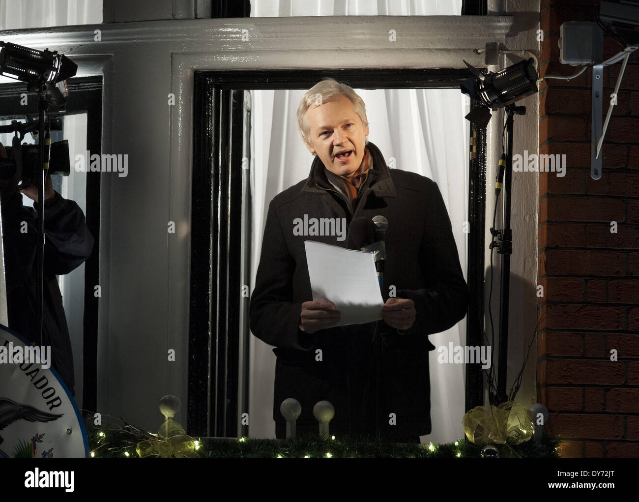 Julian Assange WikiLeaks founder addresses a crowd from the Ecuadorian Embassy to mark six months since he arrived at the Embassy seeking political asylum. Featuring: Julian Assange Where: London United Kingdom When: 20 Dec 2012 Stock Photo