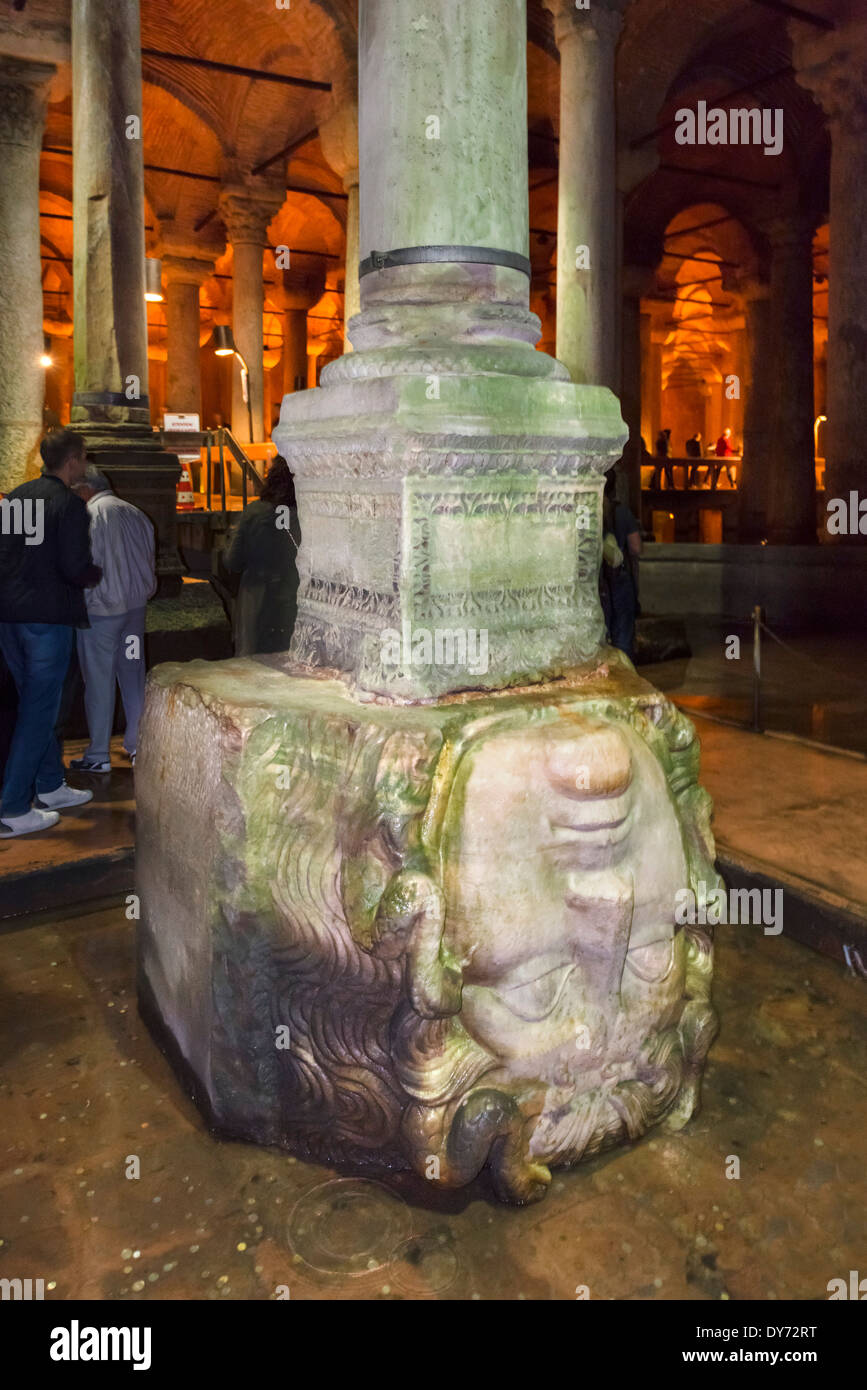 Medusa head capital in the Yerebatan Sarnici (The Sunken Cistern or Basilica Cistern), Sultanahmet district, Istanbul,Turkey Stock Photo