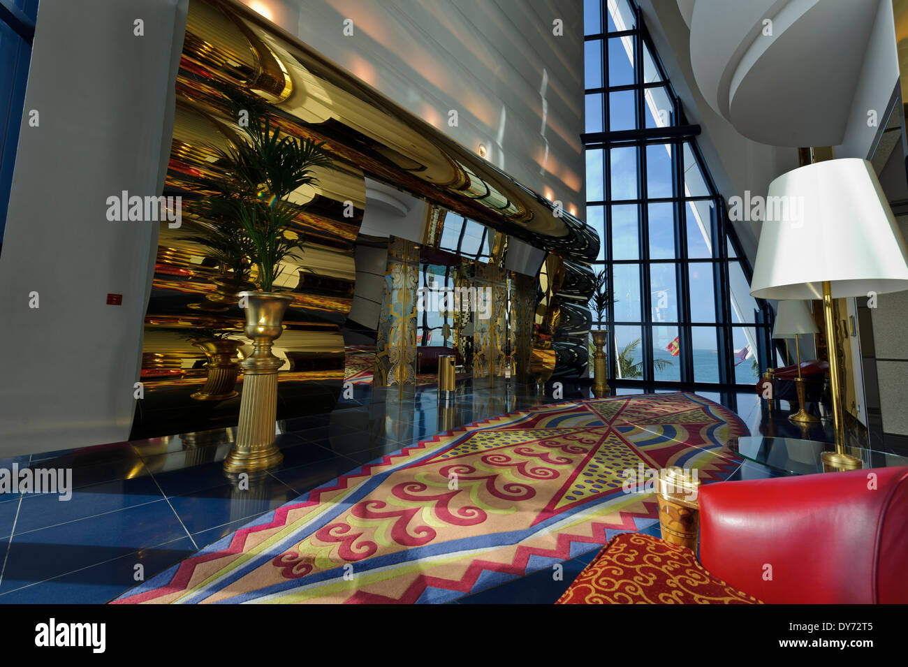 The superb interior at the Burj Al Arab, classed as one of the most luxurious hotels in the world, United Arab Emirates, UAE. Stock Photo