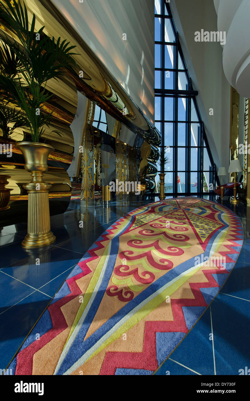 The superb interior at the Burj Al Arab, classed as one of the most luxurious hotels in the world, United Arab Emirates, UAE. Stock Photo