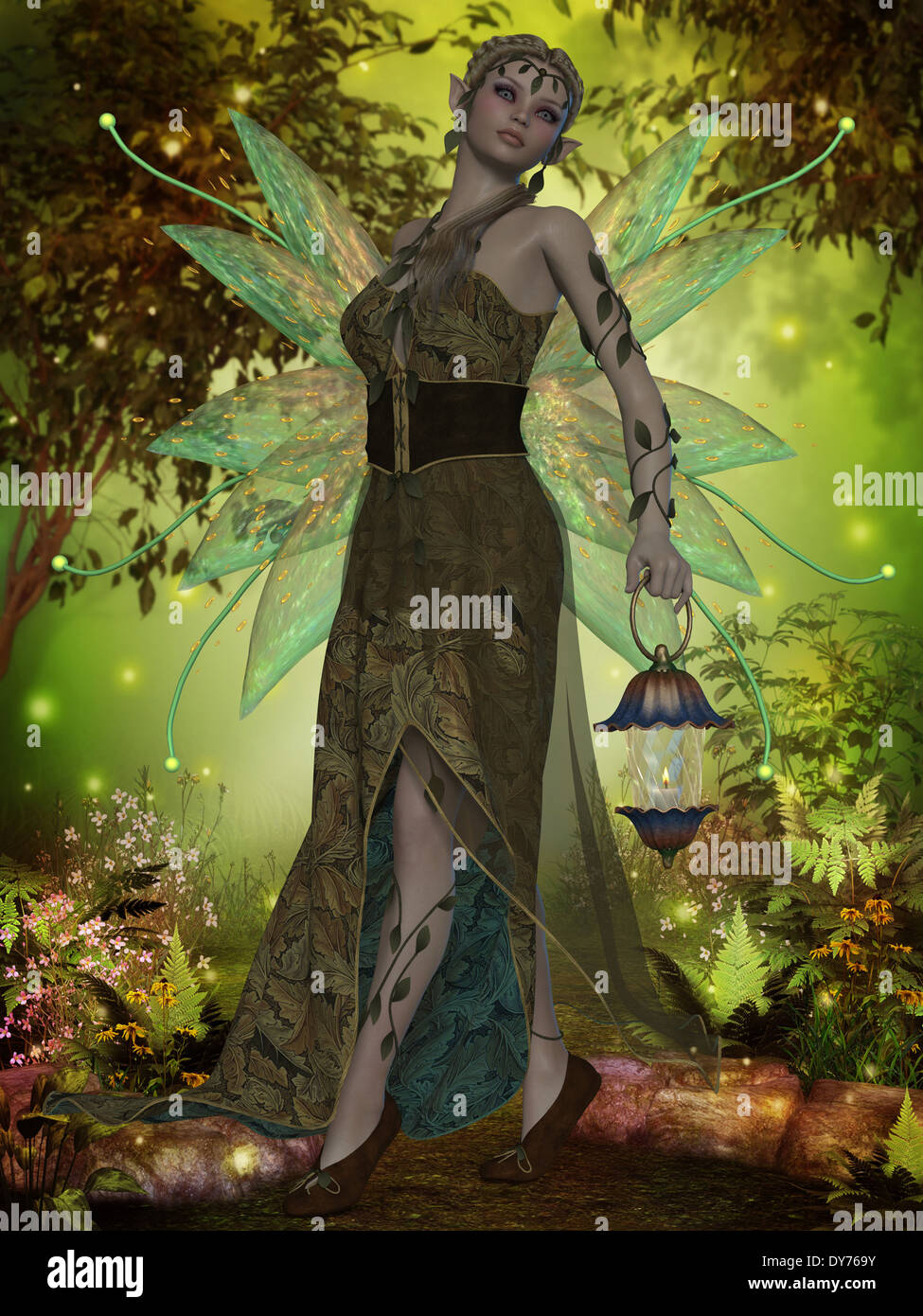 sachin and babi light blue dress A fairy with iridescent wings carries a lantern through the magical forest  Stock Photo