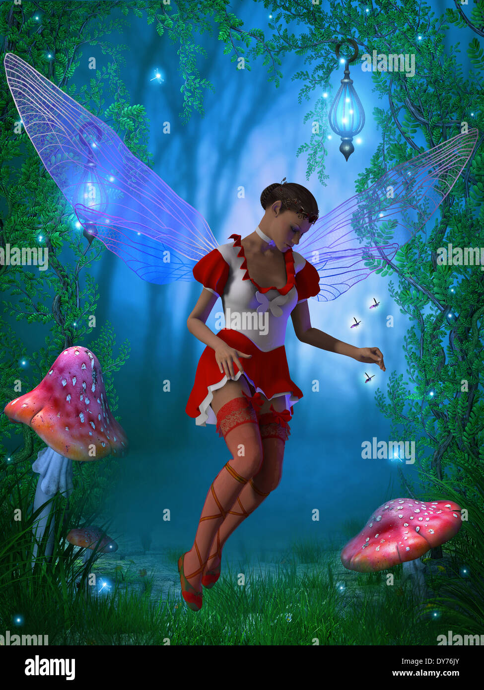 A flying fairy tries to capture a glow fly in the magical forest. Stock Photo