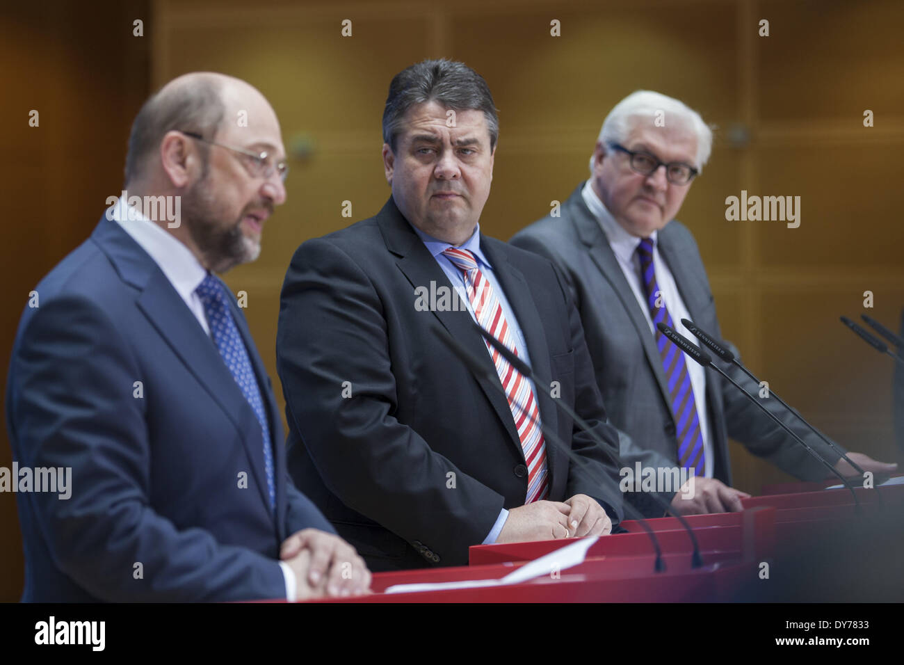 Berlin, Germany. 7th Apr, 2014. Joint press conference after the meeting of the SPD party executive with the party leader of SPD Sigmar Gabriel, the common top candidate of the European social democrats for the European election Martin Schulz and as well the Minister of Foreign Affairs Frank-Walter Steinmeier at Willy Brandt-Haus in Berlin./Picture: Sigmar Gabriel (SPD), SPD Party Chef and German Minister of Economy and Energy, and candidate of the European social democrats for the European election Martin Schulz, and Frank-Walter Steinmeier (SPD), German Foreign Minister. (Photo by Reynal Stock Photo