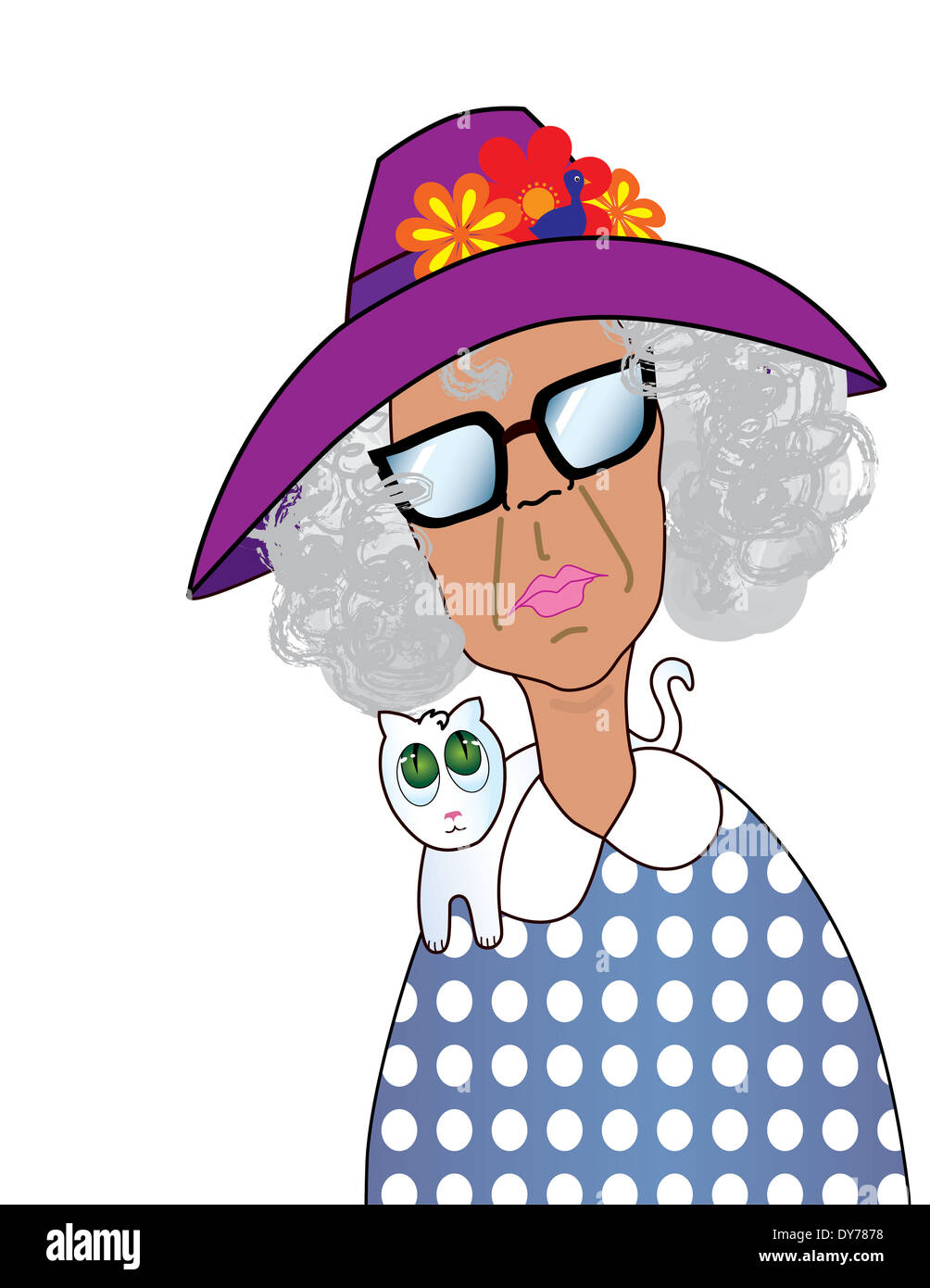Fun Cartoon Image of a Grumpy Old Lady in a Big Purple Hat with a Cat on her Shoulders Stock Photo