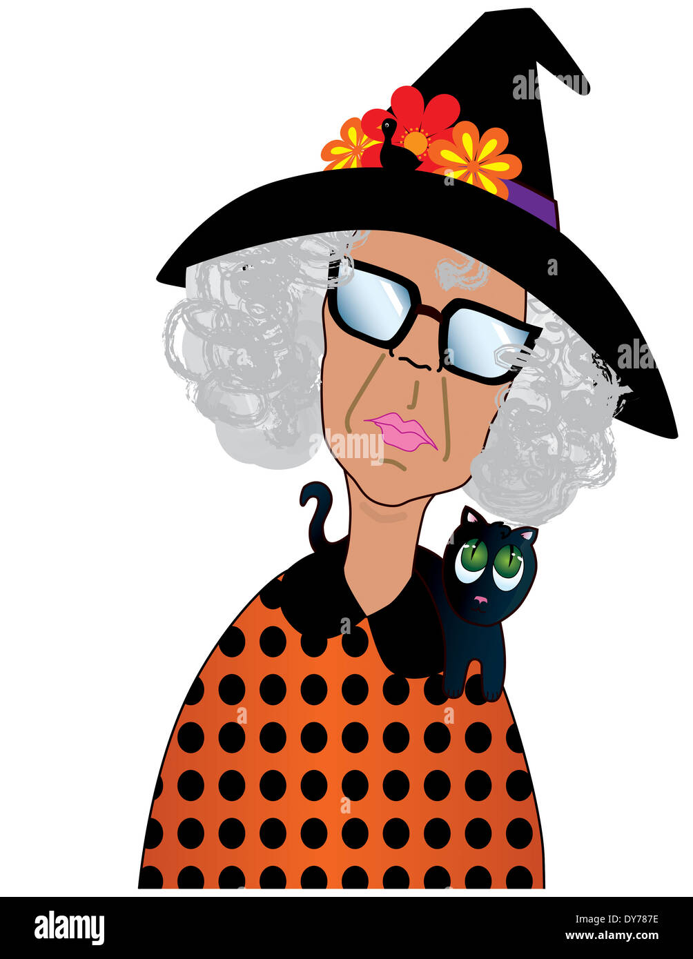 Fun Cartoon of a Grumpy Old Lady Dress for Halloween with a Black Cat Stock Photo