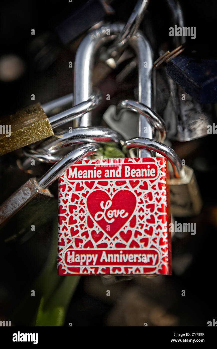 love lock with couples names declaring their love Stock Photo