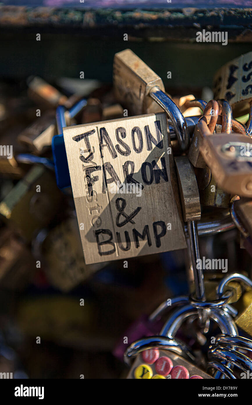 love lock with couples names declaring their love Stock Photo