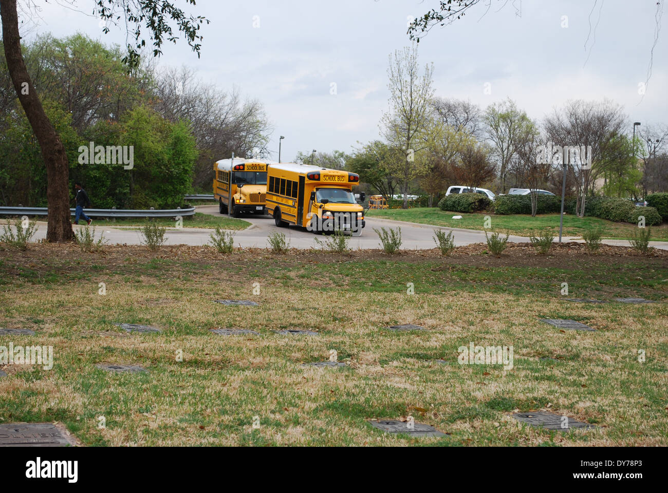 Yellow school buses leave a bus barn for the after noon trip from school to  home bus stops Stock Photo - Alamy