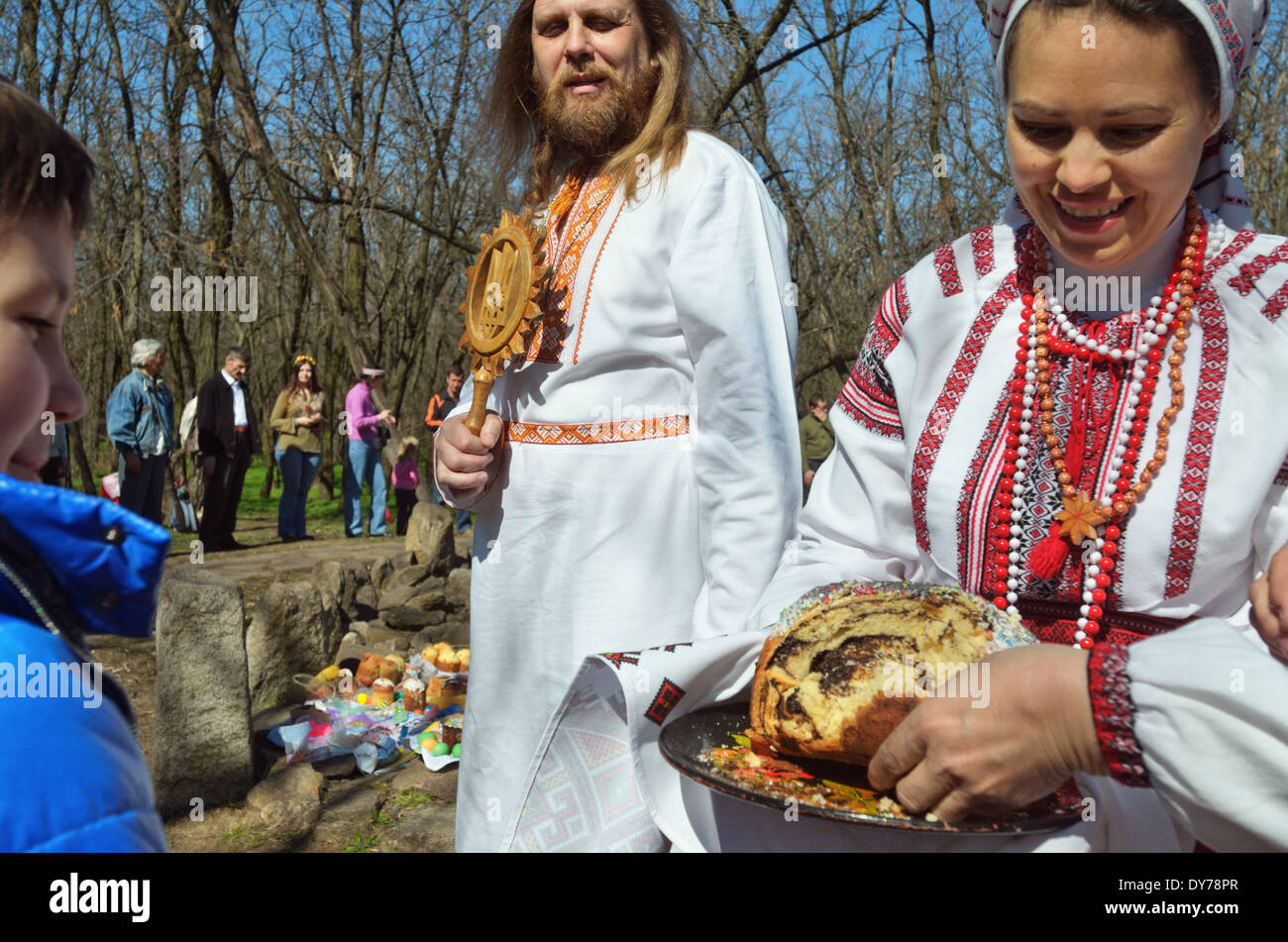 Pagan "Easter" in Ukraine. Priests give holy bread, Khortytsia Island