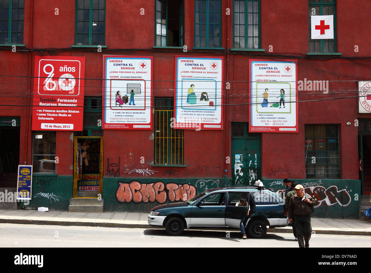 Posters on side of Red Cross building advising people how to prevent outbreaks of dengue fever, La Paz, Bolivia Stock Photo