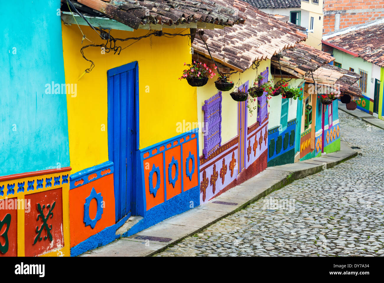 Brightly colored street in town of Guatape in Antioquia, Colombia Stock Photo