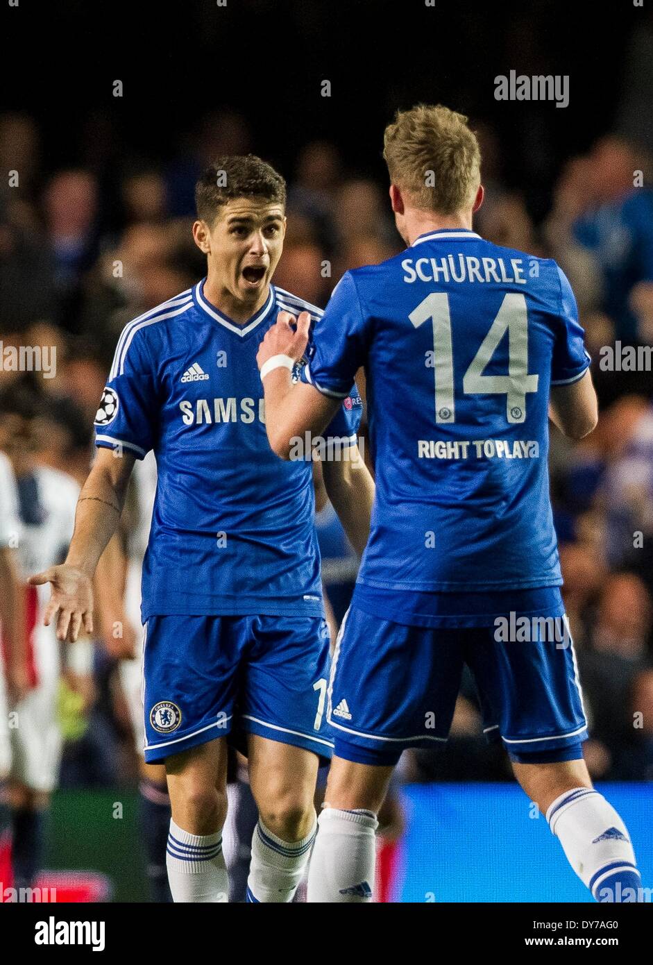 London, UK. 08th Apr, 2014. Chelsea forward Andre Sch&#xfc;rrle (14) celebrates his goal with Chelsea midfielder Oscar (11) during the UEFA Champions League match between Chelsea and Paris St-Germain from Stamford Bridge Credit:  Action Plus Sports/Alamy Live News Stock Photo
