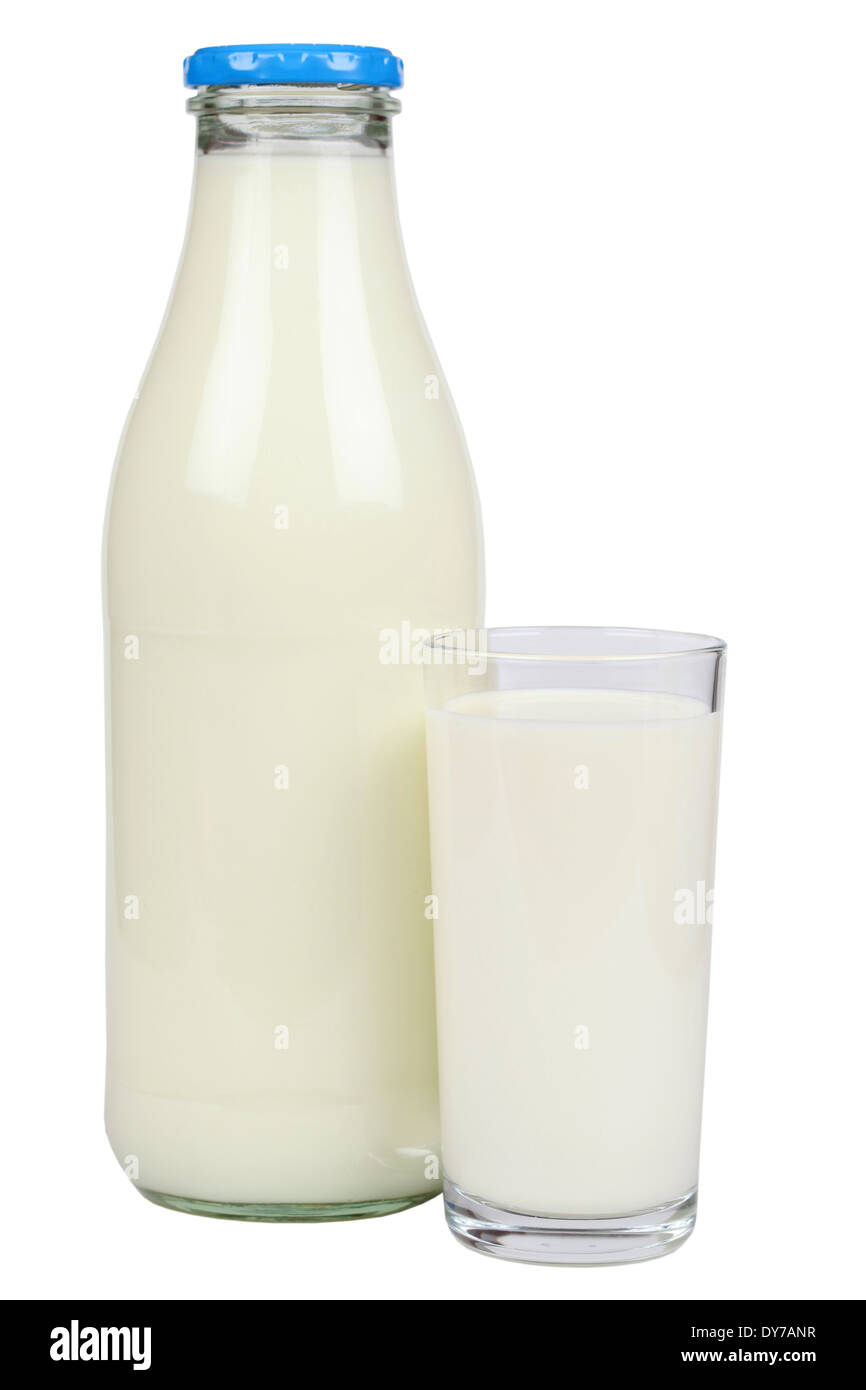 Milk in a bottle and in a glass, isolated on white background Stock Photo