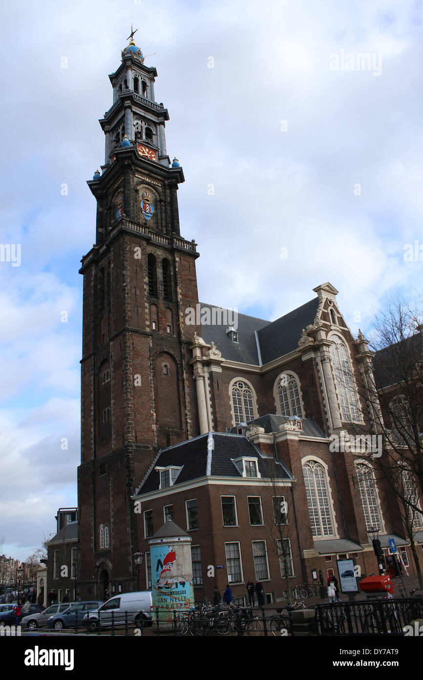 17th century Westerkerk with bell tower in  Amsterdam, the Netherlands at Westermarkt in Jordaan Quarter Stock Photo