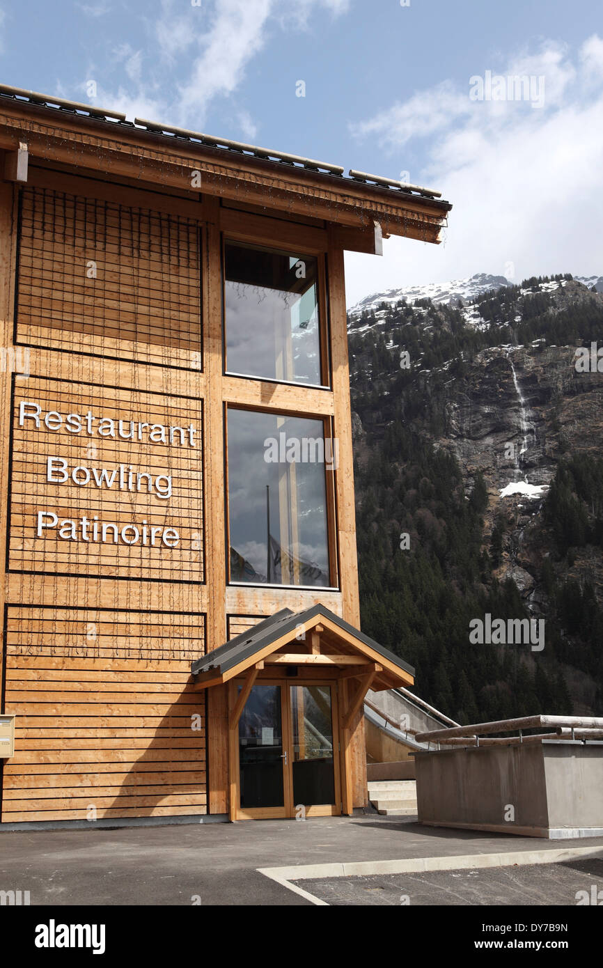 The restaurant, bowling alley and ice rink at Vaujany, France. Stock Photo