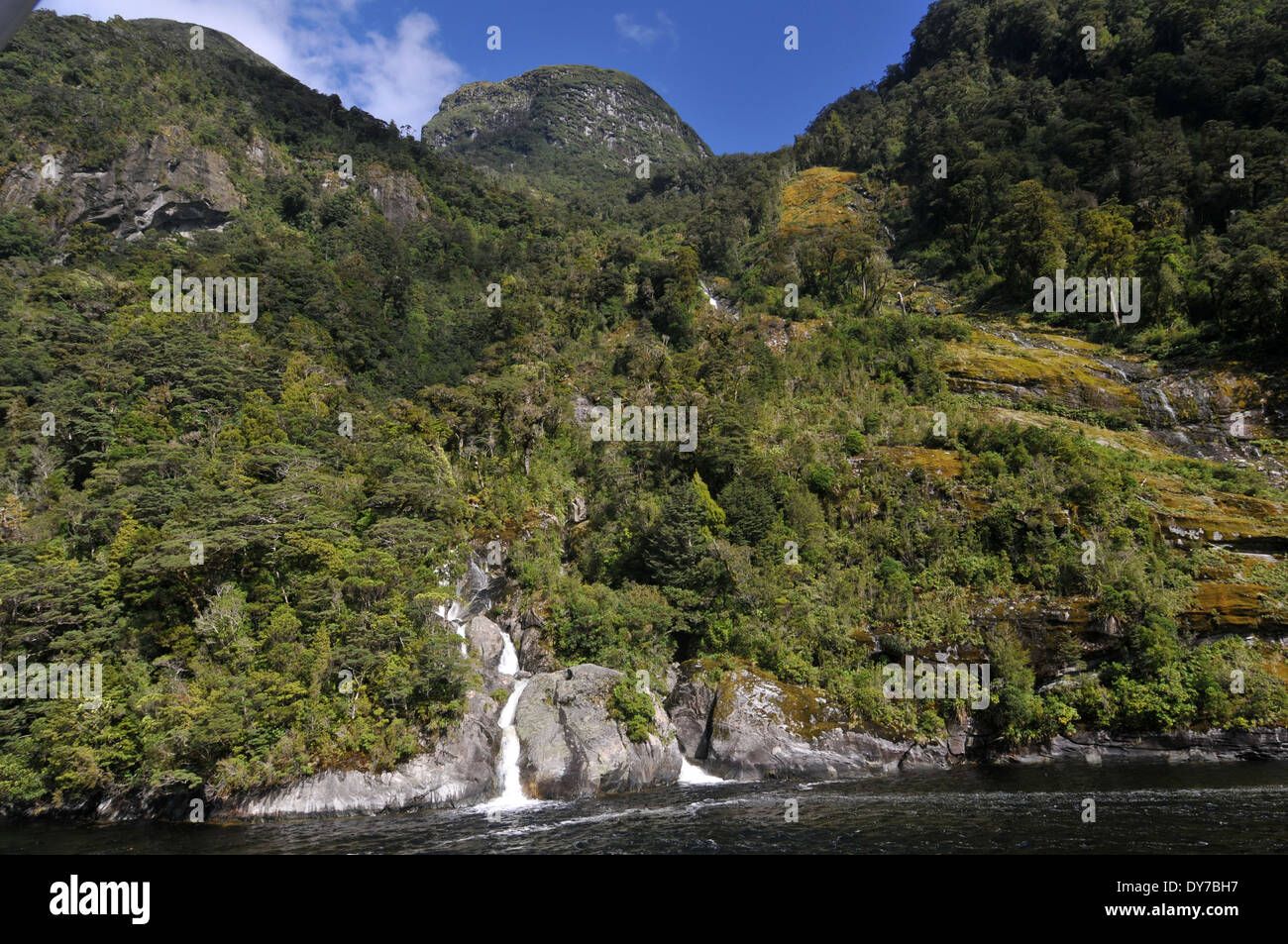 Waterfalls in the Doubtful Sound shore, the largest fjord of Fiordland National Park , South Island, New Zealand Stock Photo