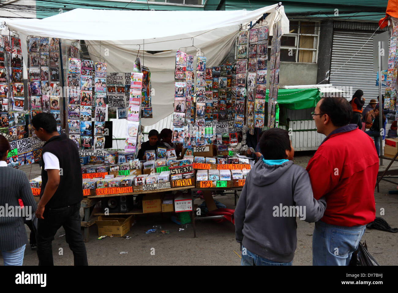 Stall selling pirated film DVDs and CDs in street market, La Paz Stock Photo 68389598 Alamy