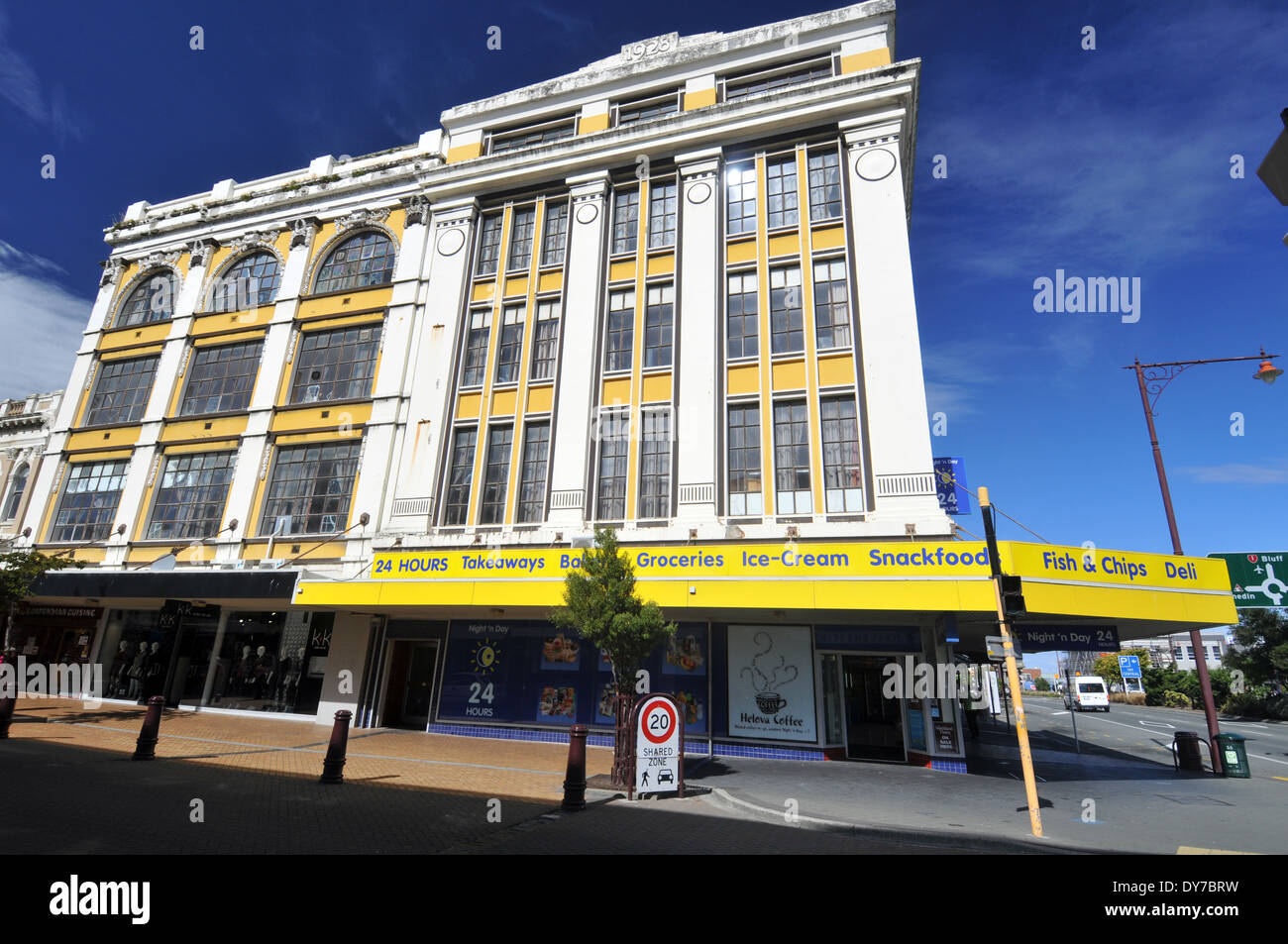 Fish-and-chips store in an old building in Invercargill, South Island, New Zealand Stock Photo