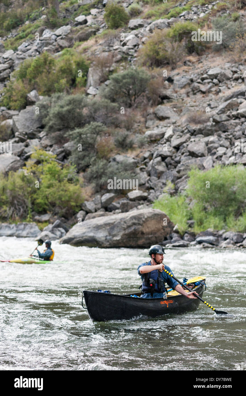 Canoe paddler, Bear Trap Canyon, Madison River, Ennis, Montana Stock