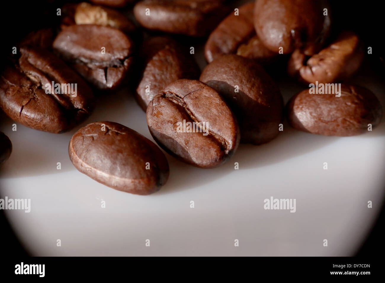 Coffee beans macro shot on a white plate with room for text, available light and vignetting. Granos de café sobre plato blanco Stock Photo