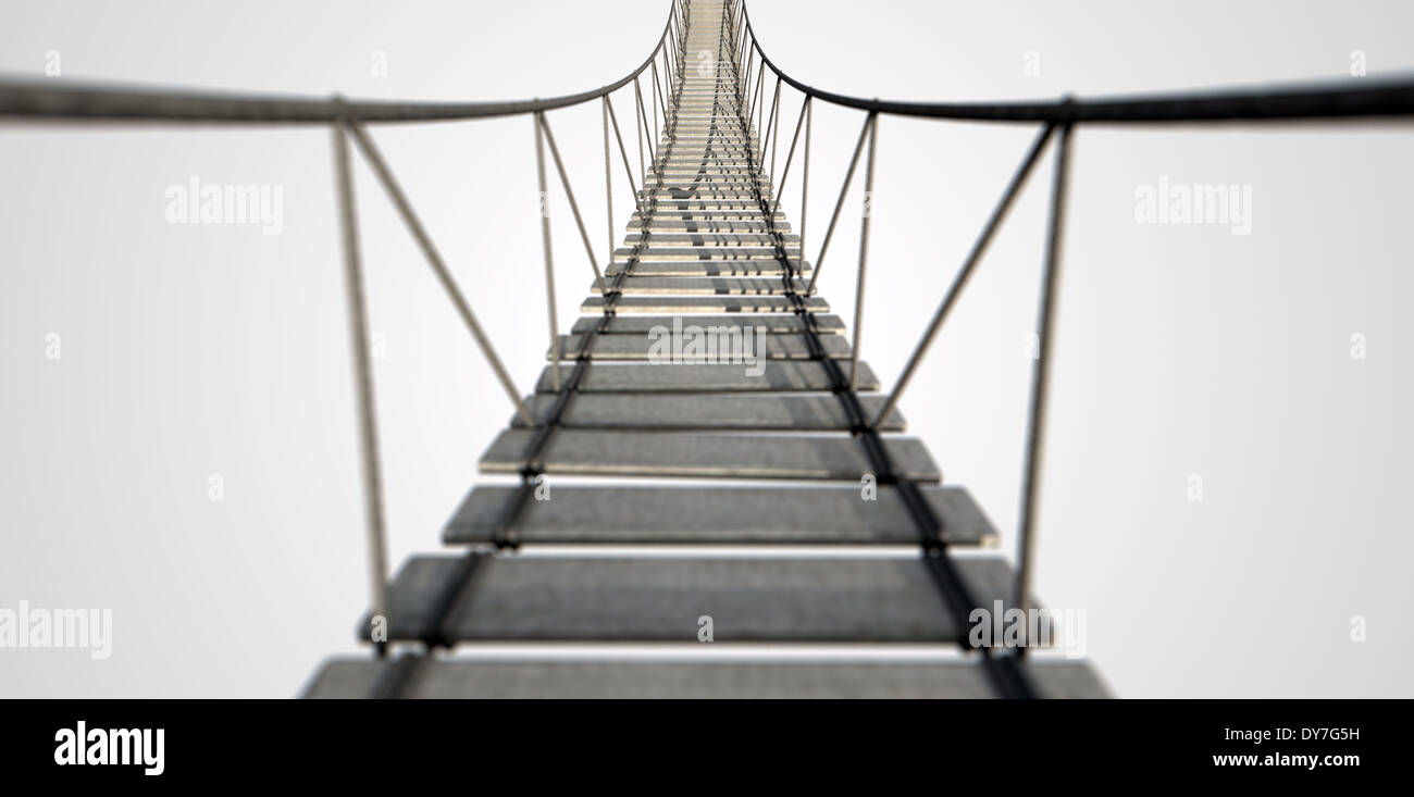 A rope bridge made of wooden planks held together by rope and secured ...