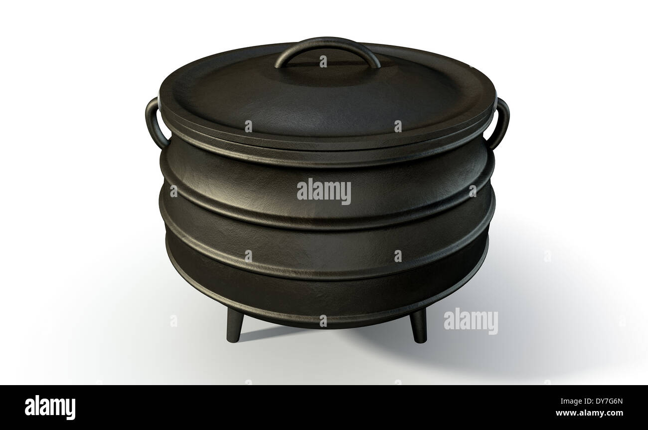 A regular cast iron south african potjie pot with a steel handle and a ...