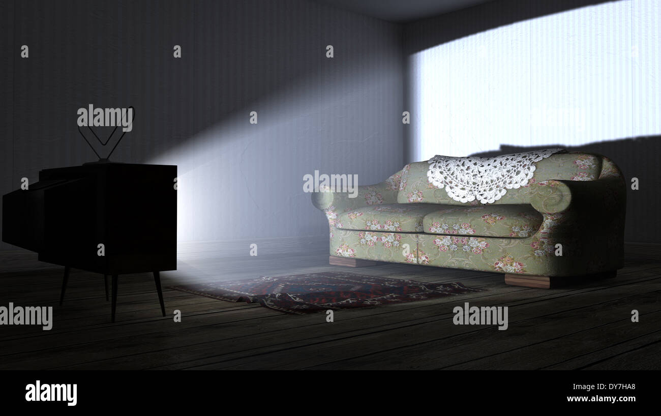 An old empty dark room with an old sofa wooden floors and a switched on