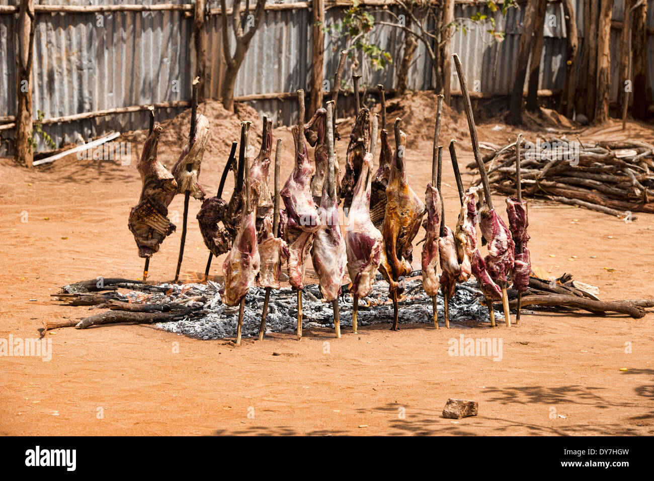 getting ready for a feast; barbecued meat in the Omo Valley, Ethiopia