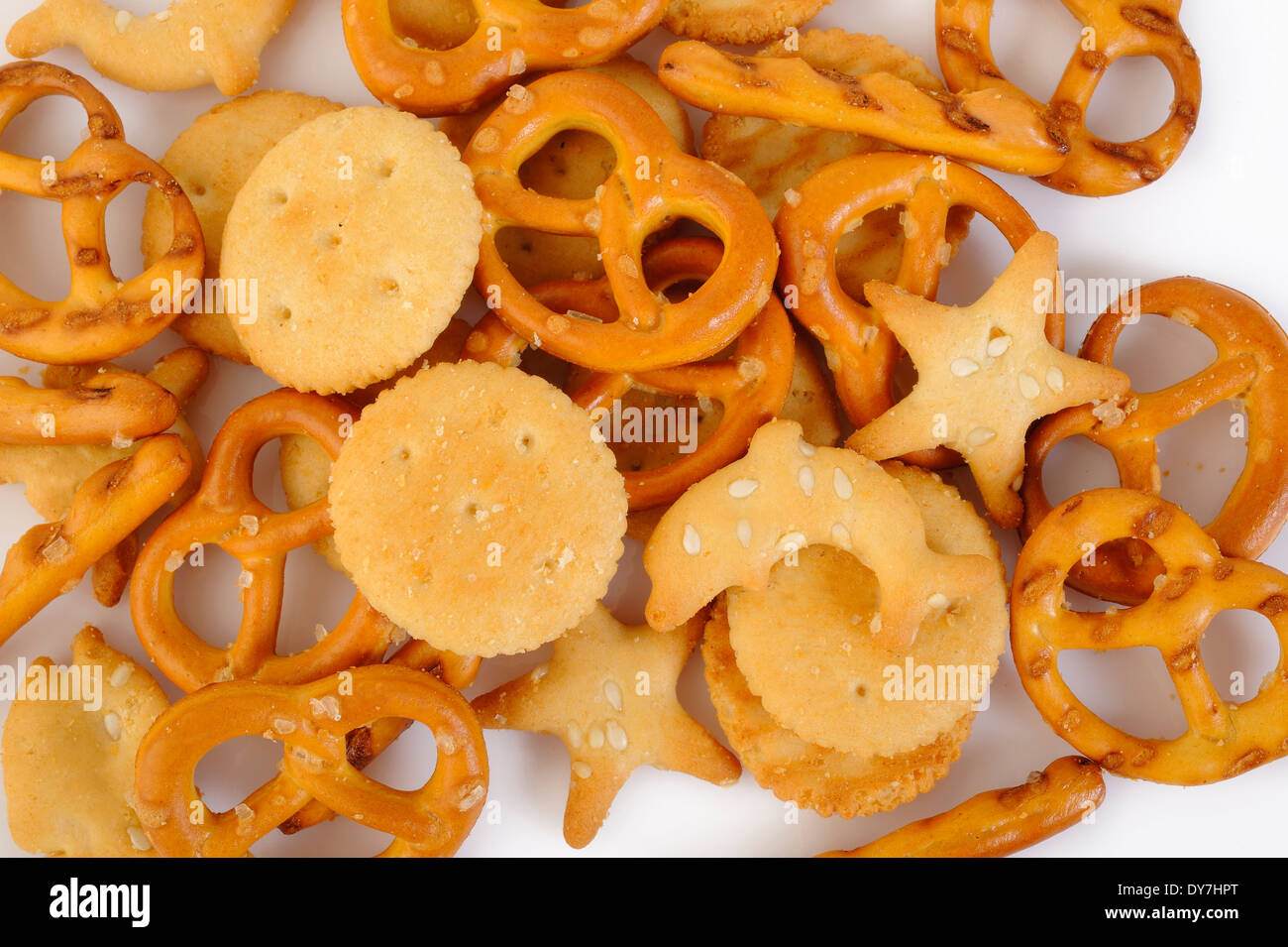 mixed crackers on white Stock Photo