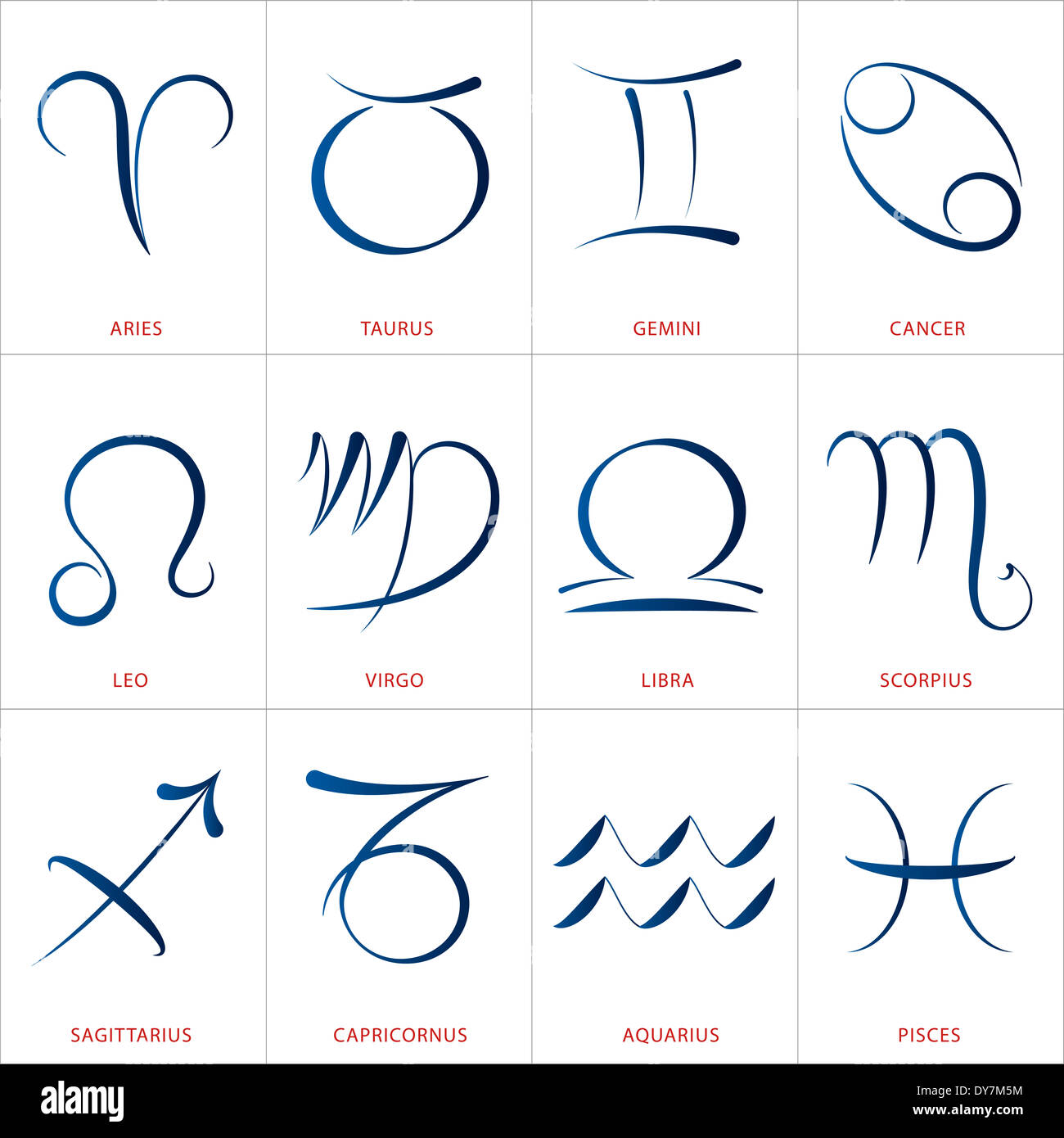 Calligraphic astrology illustrations of the twelve zodiac signs. Stock Photo