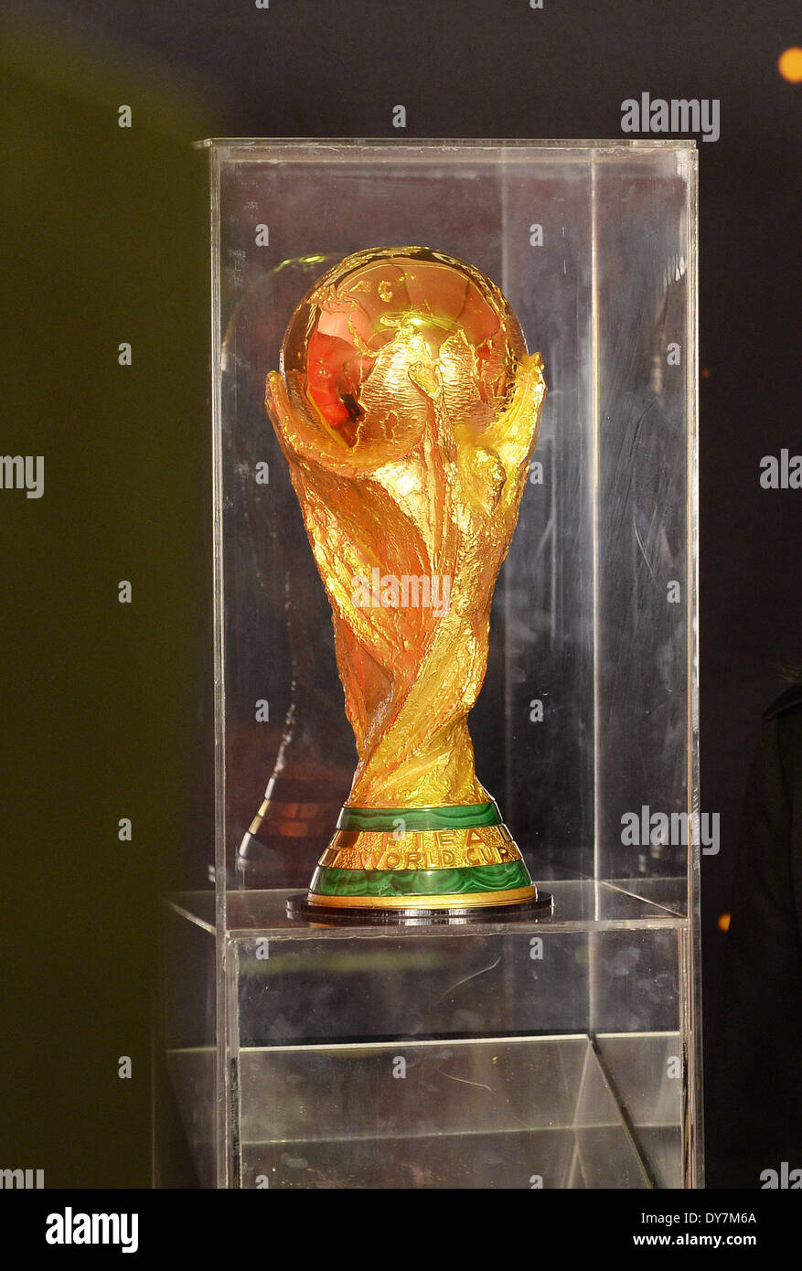 Shanghai. 9th Apr, 2014. The FIFA World Cup trophy is on display in Shanghai, east China, April 9, 2014, as part of its world tour ahead of the Brazil 2014 World Cup finals this summer. © Lai Xinlin/Xinhua/Alamy Live News Stock Photo