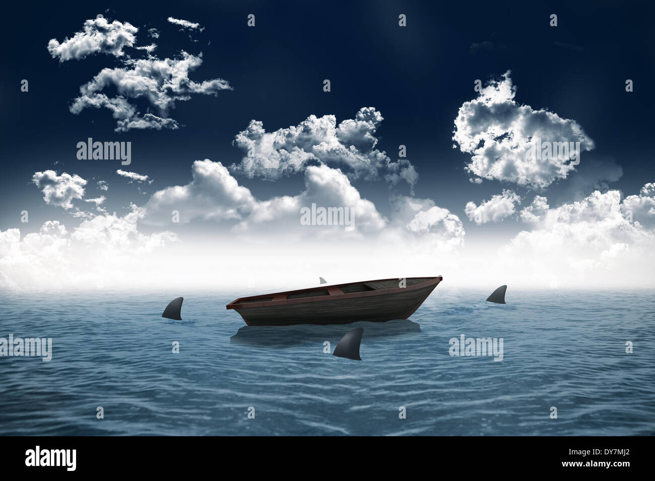 Sharks circling small boat in the sea Stock Photo