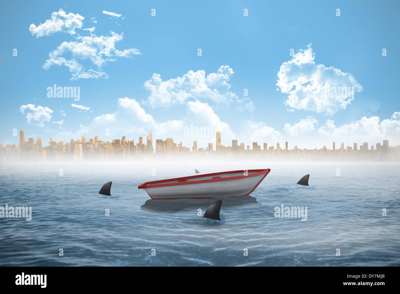 Sharks circling a small boat in the sea Stock Photo