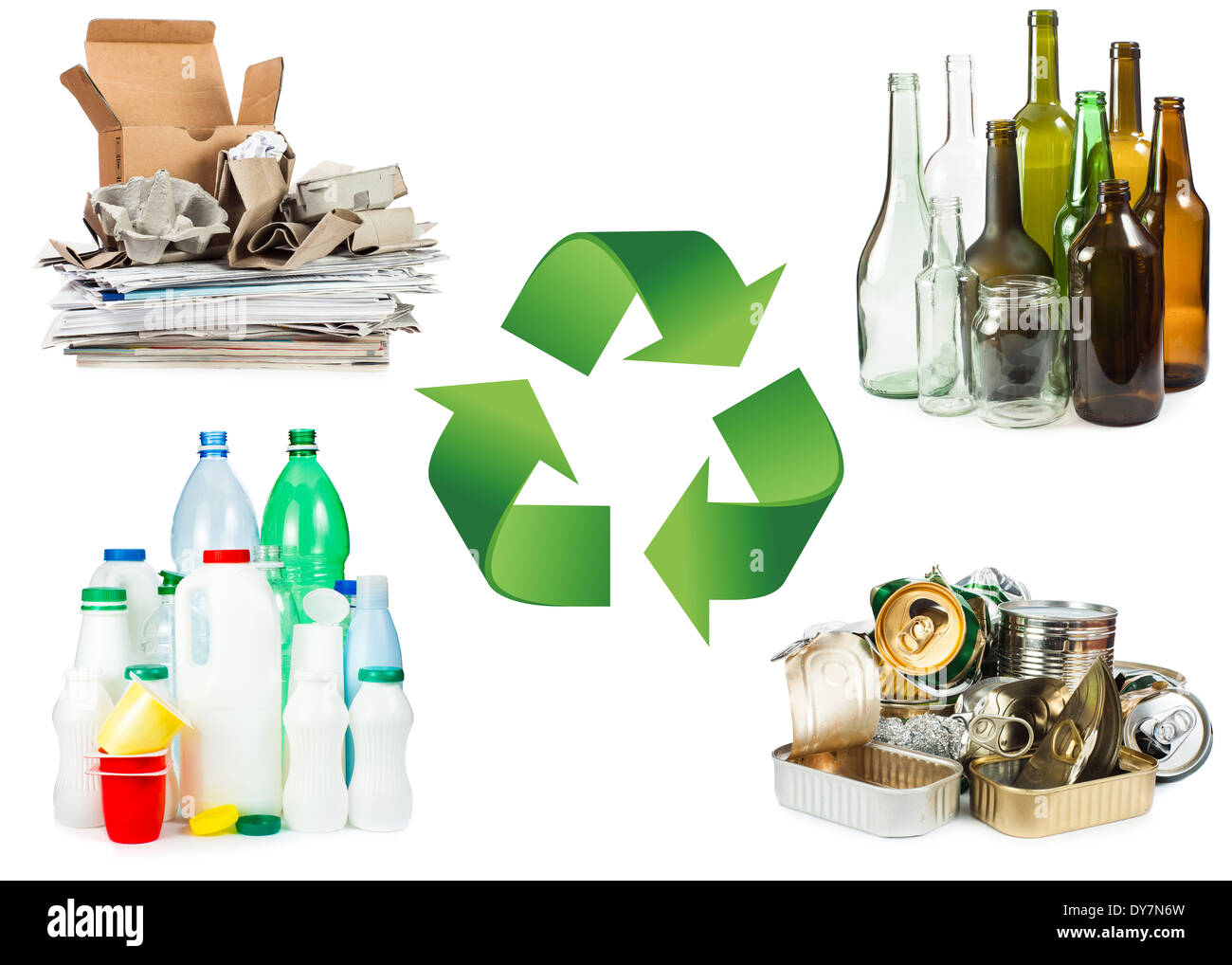 Recycle concept. A selection of garbage for recycling. Segregated metal, plastic, paper and glass on white background Stock Photo