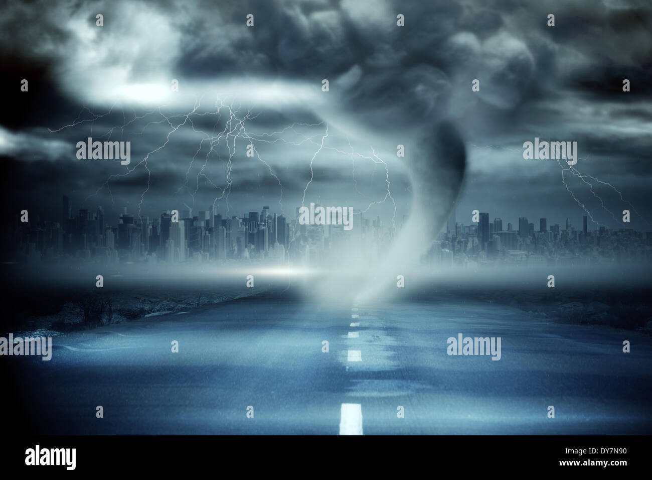 Stormy sky with tornado over road Stock Photo - Alamy