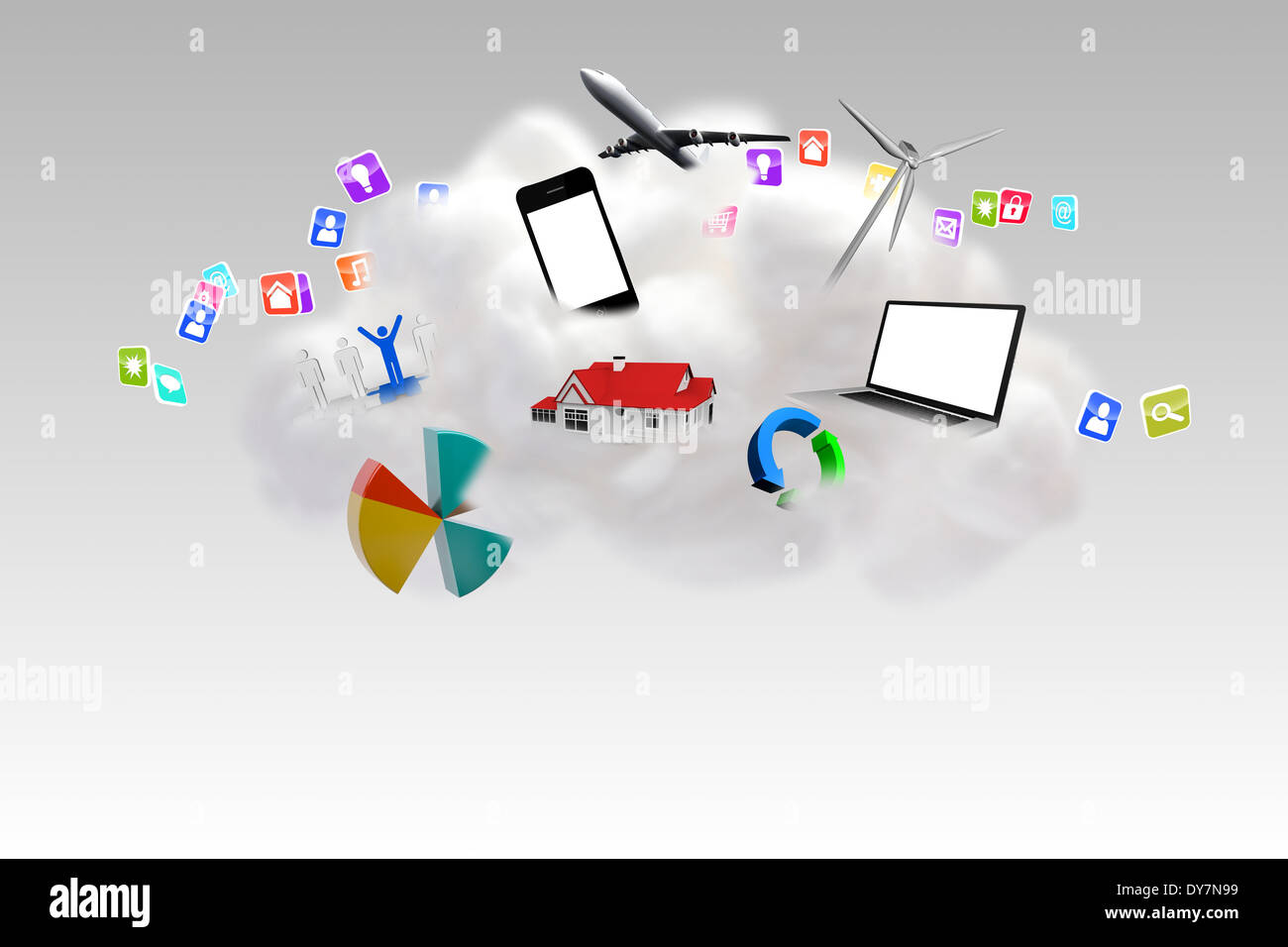 Cloud computing graphic with apps Stock Photo