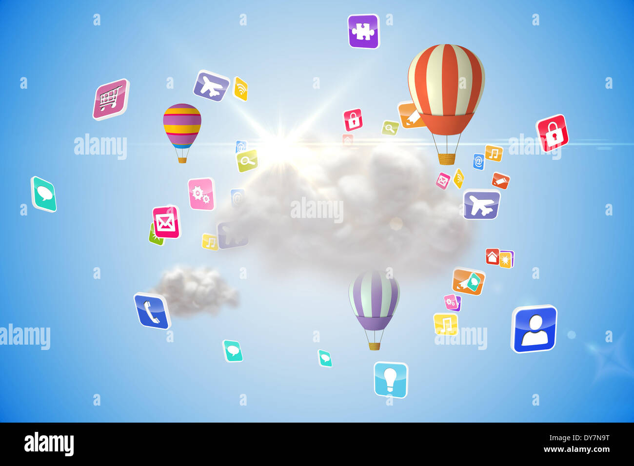 Cloud computing graphic with hot air balloons Stock Photo