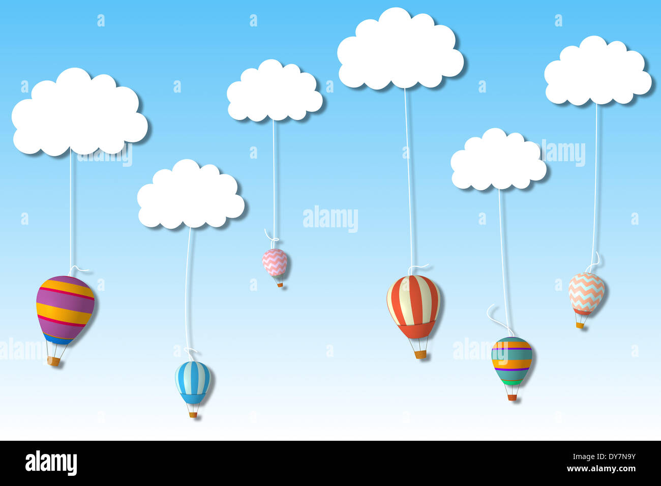 Hot air balloons hanging from clouds Stock Photo