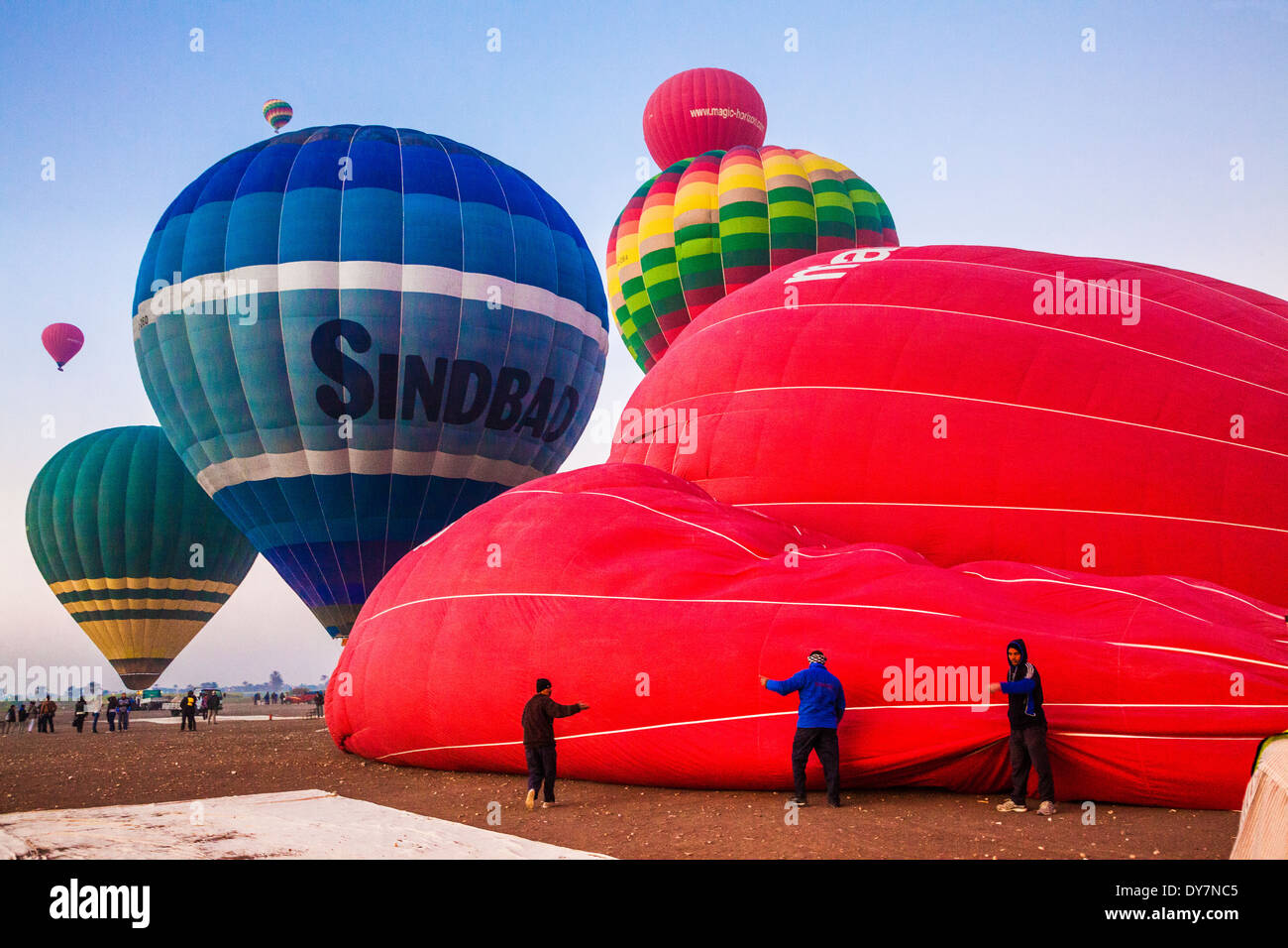 Hot air balloons in varying stages of readiness for take-off for a sunrise flight from the West Bank of the Nile in Egypt. Stock Photo
