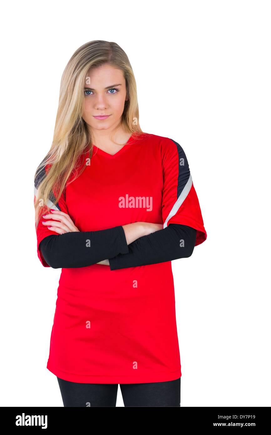 Pretty football fan in red Stock Photo Alamy