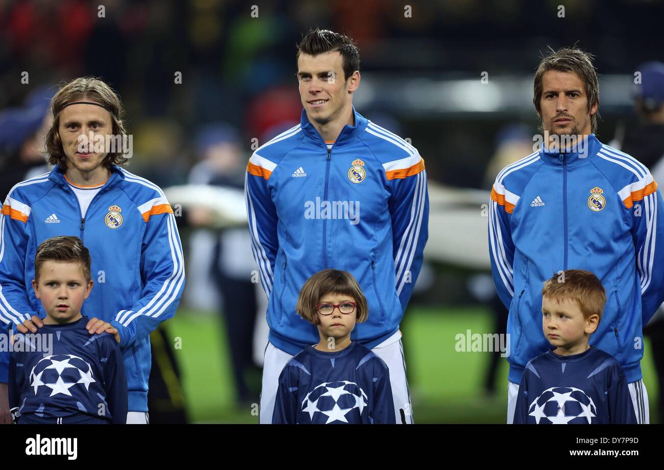 Dortmund, Germany. 08th Apr, 2014. Madrid's Luka Modric (L-R), Gareth Bale and Fabio Coentrao before the UEFA Champions League quarter-final second leg soccer match between Borussia Dortmund and Real Madrid at the BVB stadium in Dortmund, Germany, 08 April 2014. Real lost 2-0 in Dortmund, on a first-half brace from Marco Reus, but scraped through on a 3-2 aggregate thanks to winning the first leg 3-0. Photo: Friso Gentsch/dpa/Alamy Live News Stock Photo