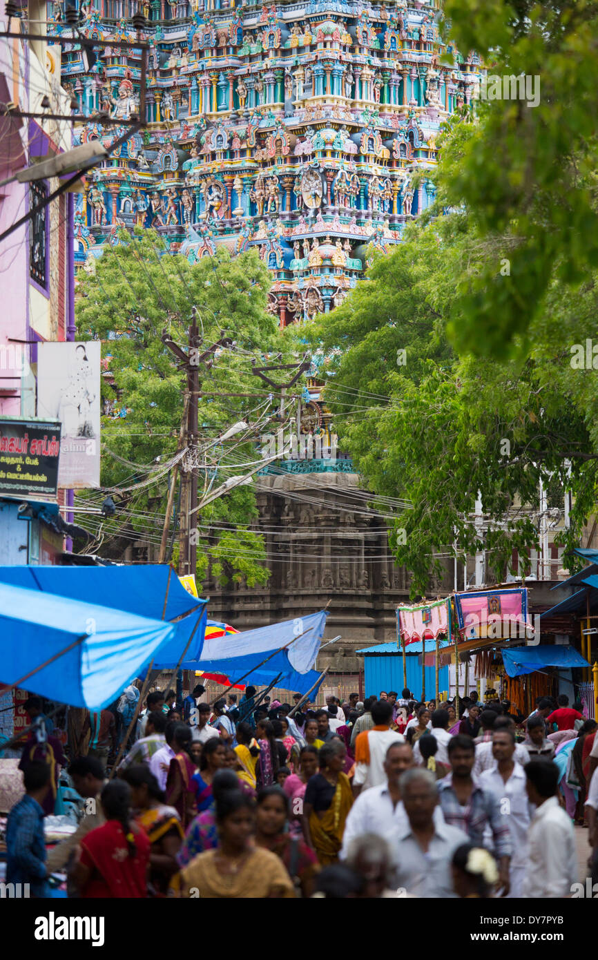 Market in front of Meenakshi Amman Temple, Madurai, India Stock Photo