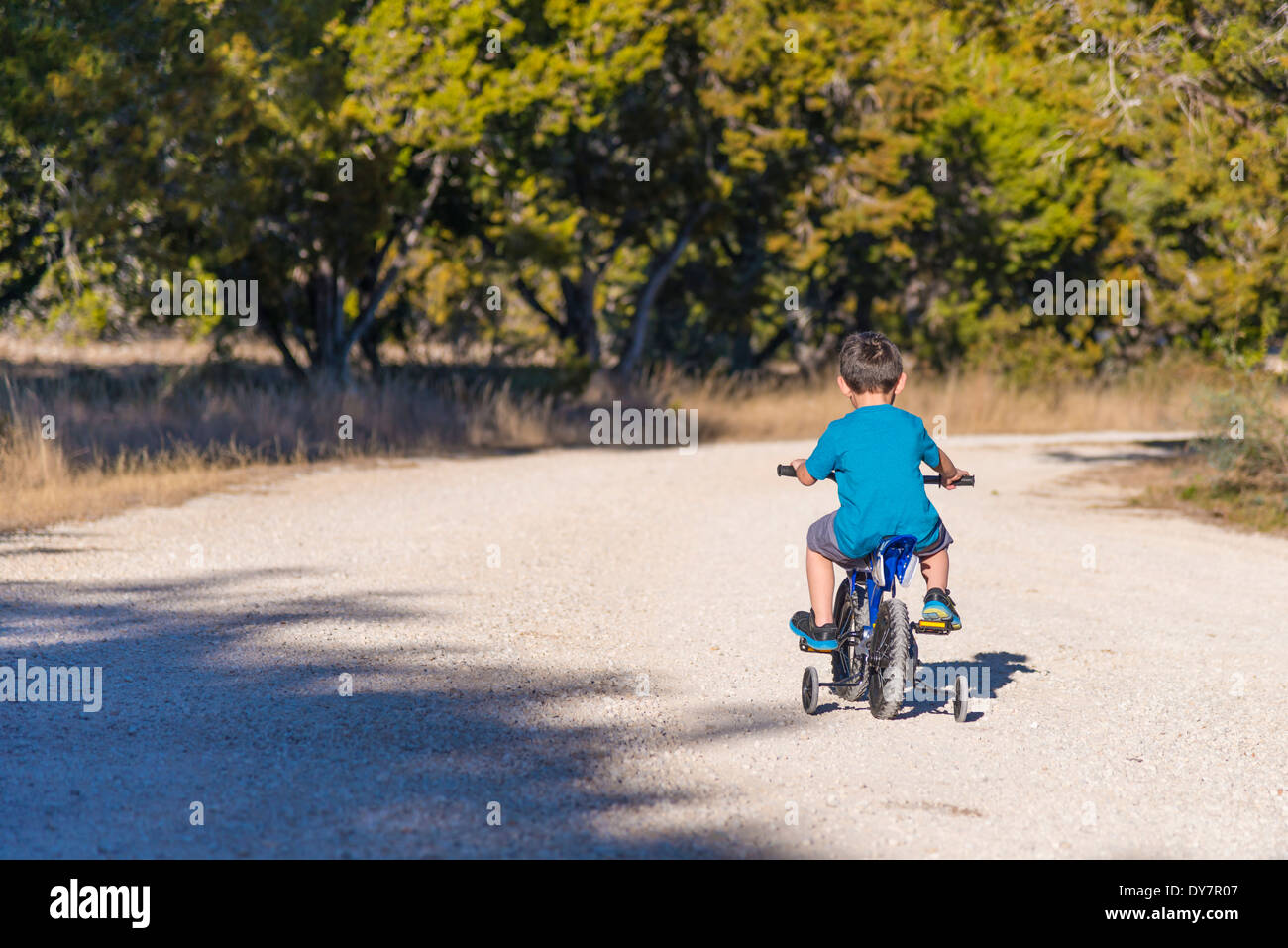 USA, Texas, Little boy riding bike with stabilisers Stock Photo