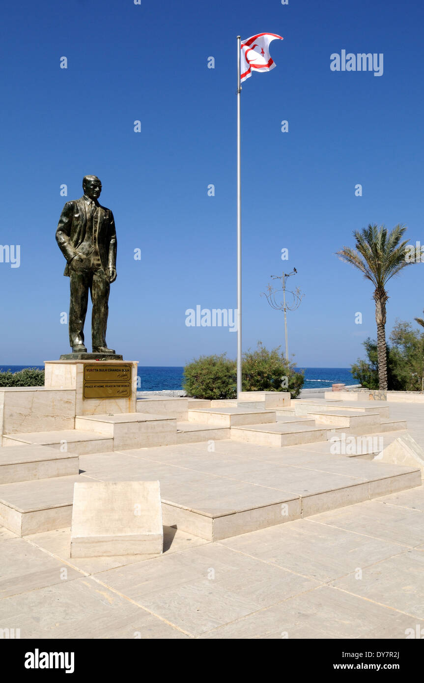 Statue of Ataturk and the flag of the Turkish Republic of North Cyprus Kyrenia Northern Cyprus Stock Photo