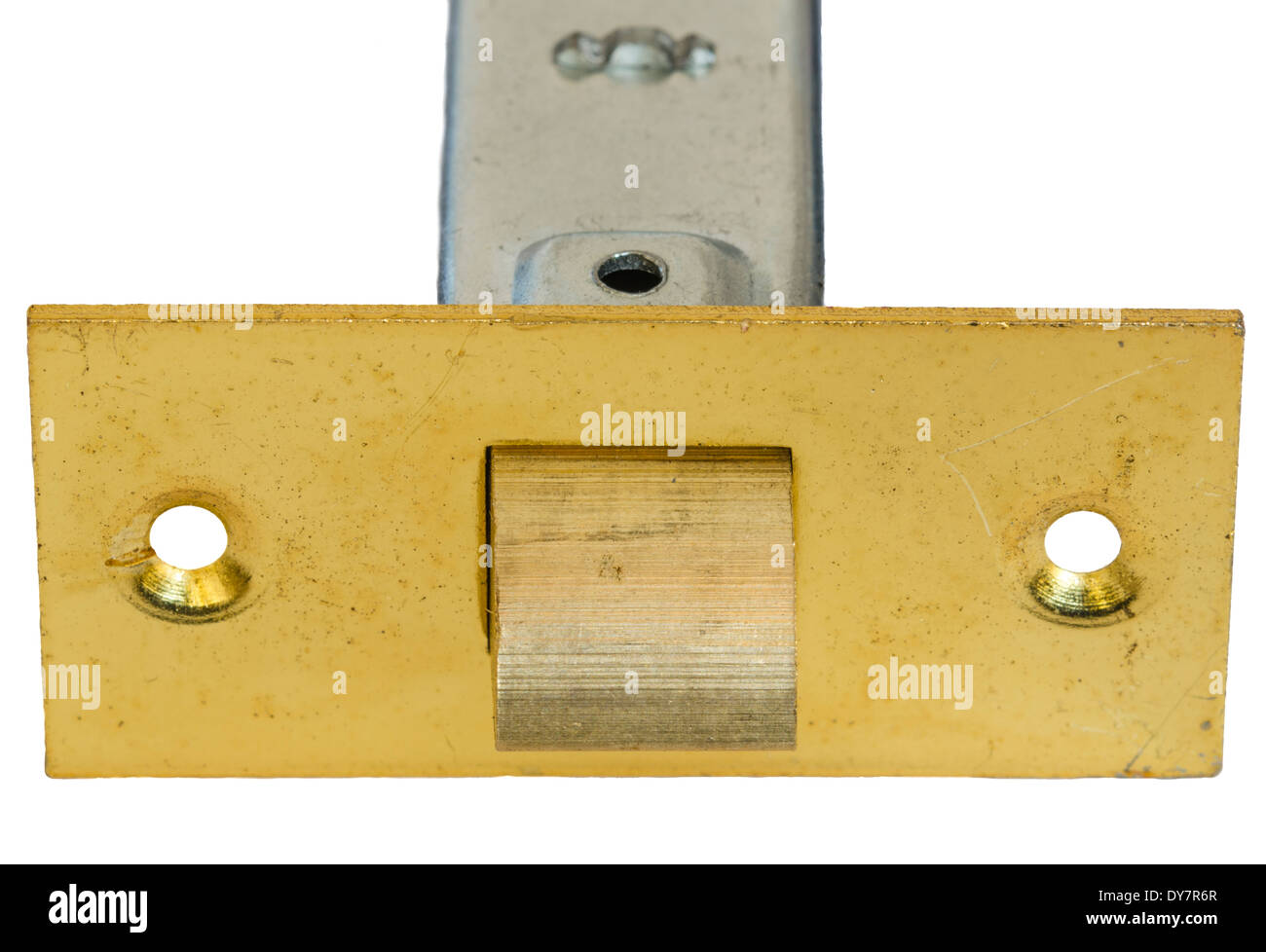 Door latch. Tubular Mortise door latch in brass, on a white background. Stock Photo