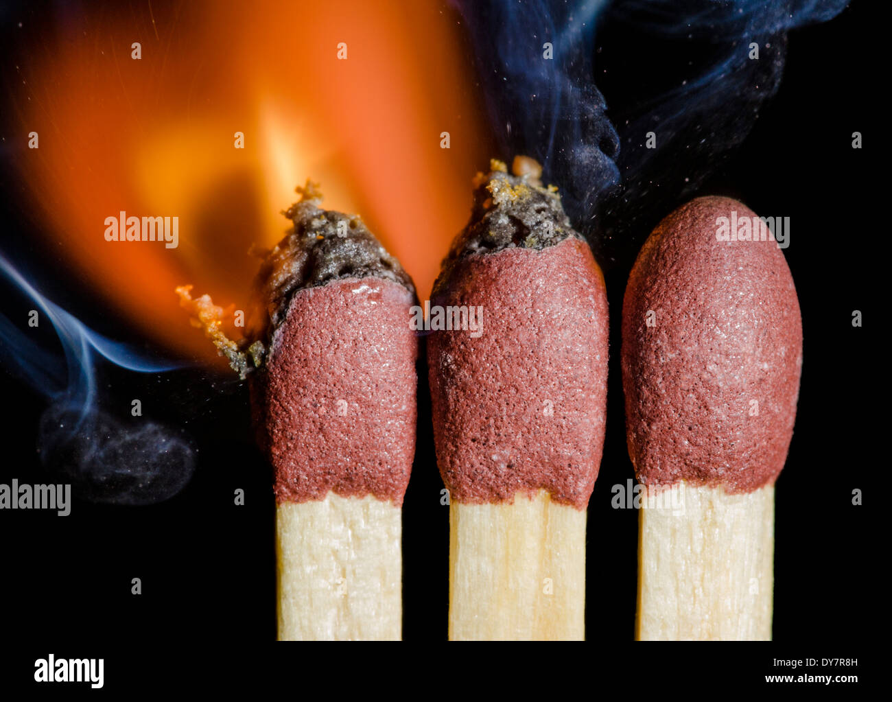 Matches being lit showing flames at the point of ignition, on a black background. Burning matches after being ignited. Stock Photo